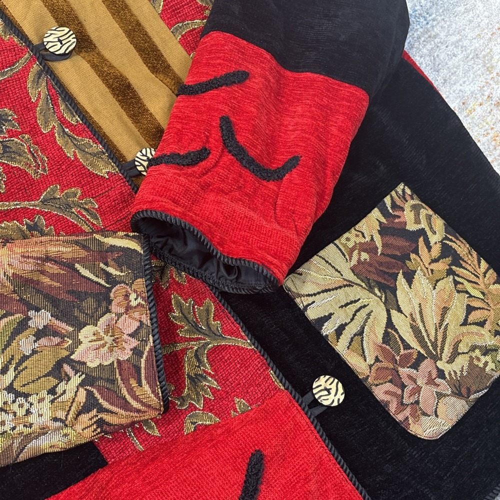 Vintage Allure Red Black Embroidered Patchwork Jacket Womens Large Artsy Classic - Picture 5 of 13